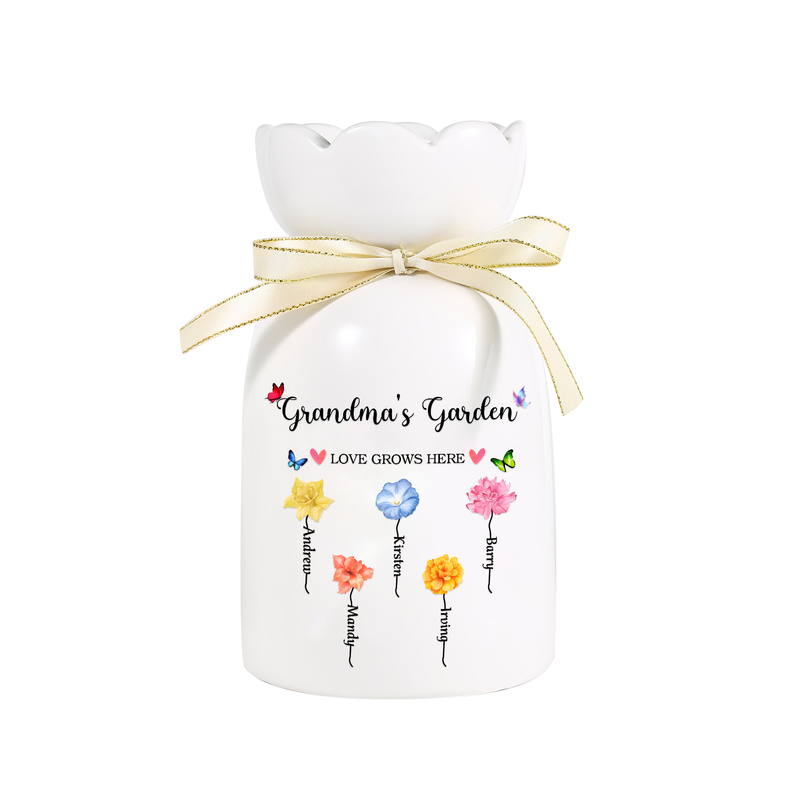 À Maman/Mamie - Vase en Céramique 2-6 prénoms et Fleurs de Naissance Personnalisé « Le jardin de Maman/Mamie » (sans fleurs) | Jessemade