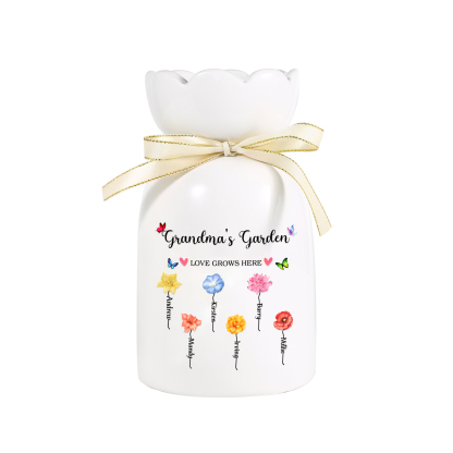 À Maman/Mamie - Vase en Céramique 2-6 prénoms et Fleurs de Naissance Personnalisé « Le jardin de Maman/Mamie » (sans fleurs) | Jessemade
