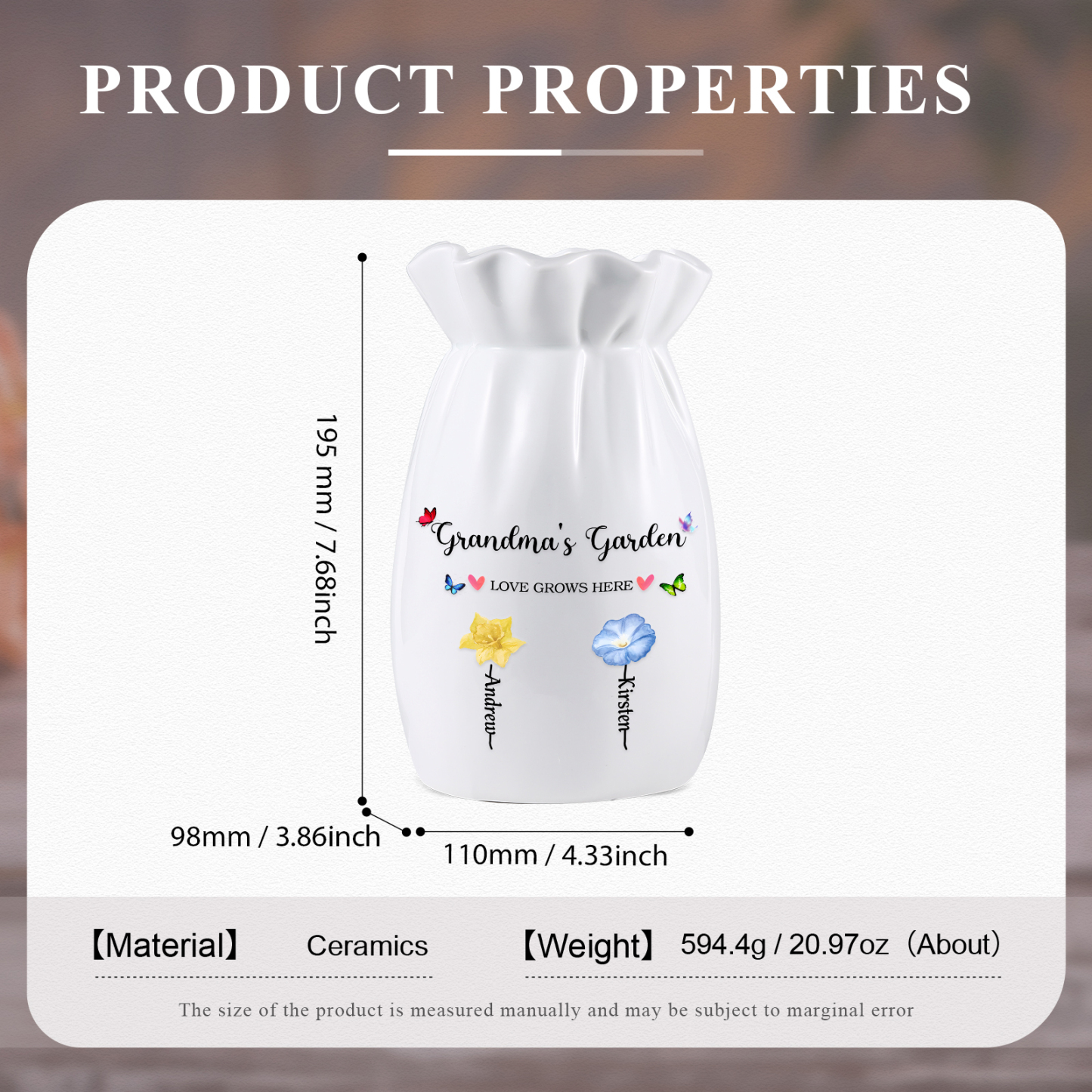 À Maman/Mamie - Vase à Fleurs Personnalisé 2-6 prénoms et fleurs de naissance Vase en céramique (sans fleurs) | Jessemade