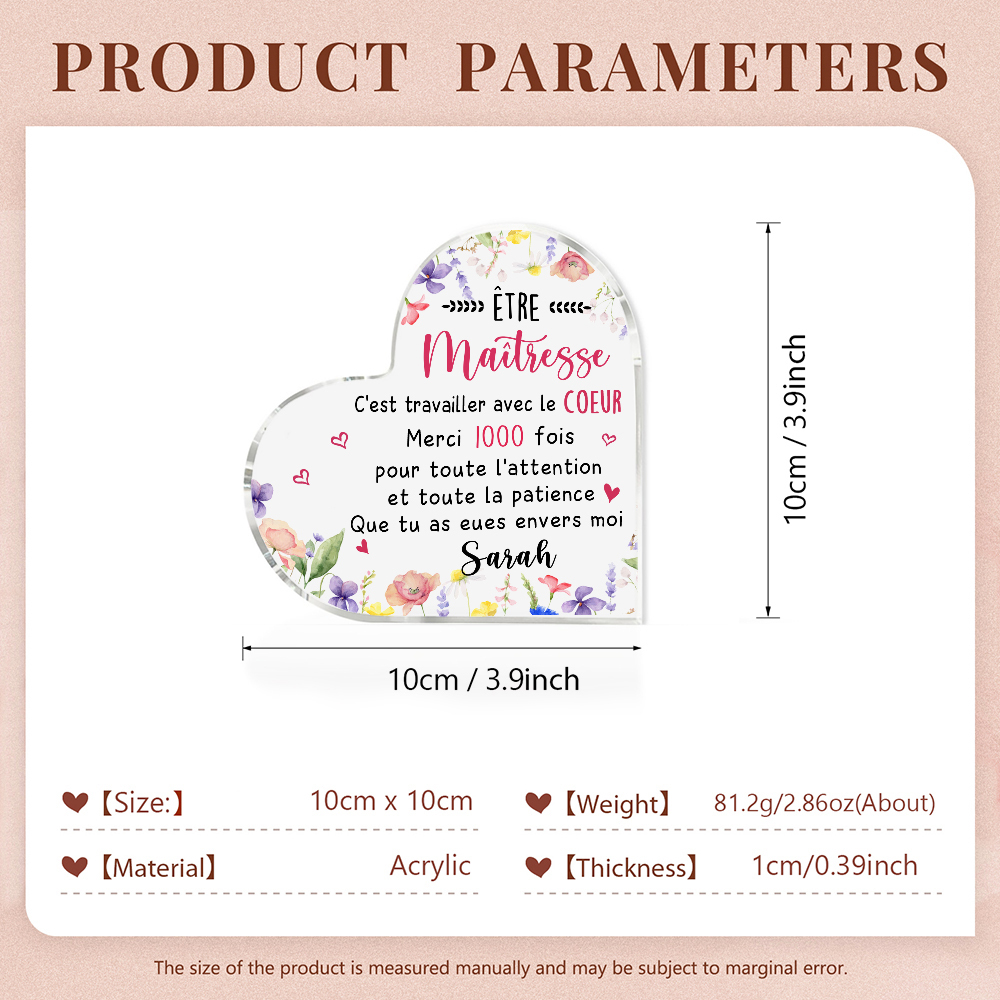 Cadeau pour Maîtresse – Plaque acrylique cœur personnalisée avec 1 prénom, cadeau de remerciement | Jessemade