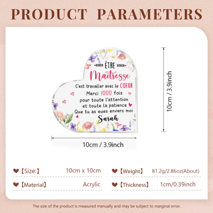 Cadeau pour Maîtresse – Plaque acrylique cœur personnalisée avec 1 prénom, cadeau de remerciement | Jessemade