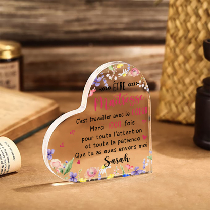 Cadeau pour Maîtresse – Plaque acrylique cœur personnalisée avec 1 prénom, cadeau de remerciement | Jessemade