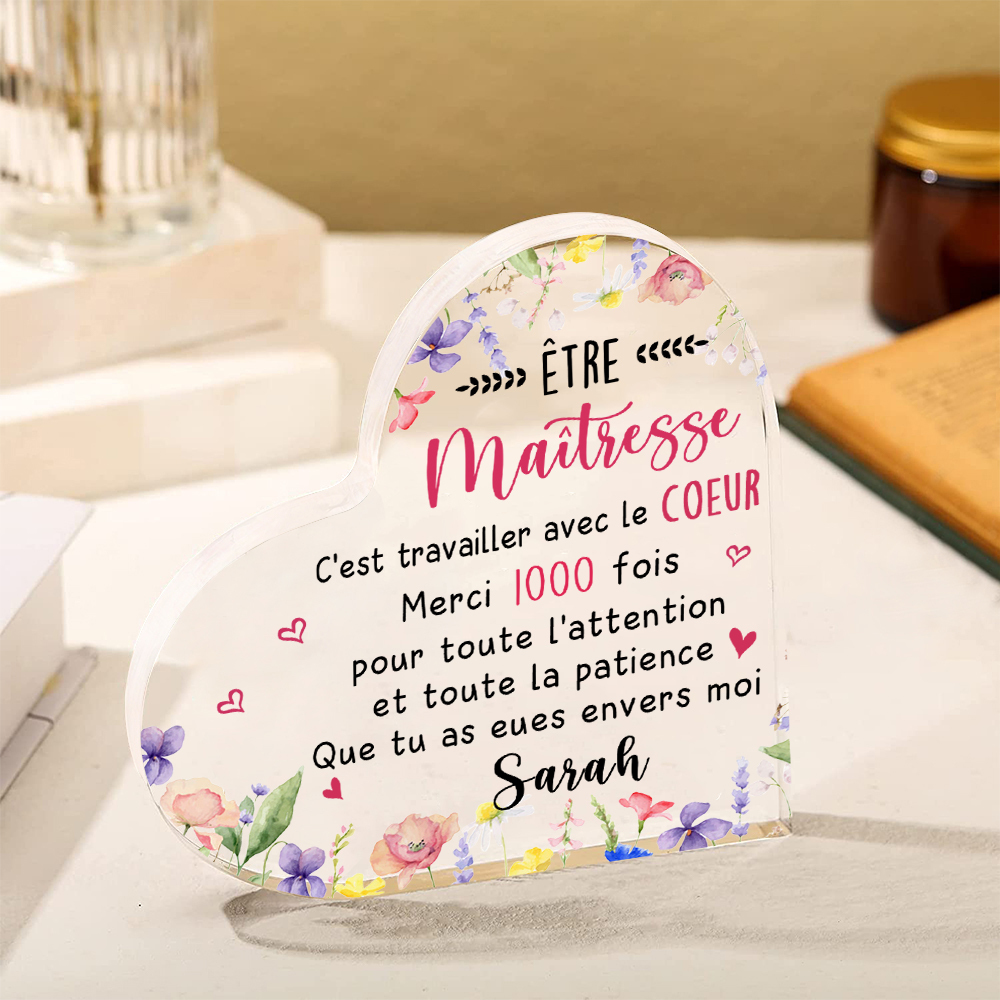 Cadeau pour Maîtresse – Plaque acrylique cœur personnalisée avec 1 prénom, cadeau de remerciement | Jessemade
