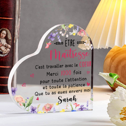 Cadeau pour Maîtresse – Plaque acrylique cœur personnalisée avec 1 prénom, cadeau de remerciement | Jessemade