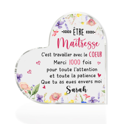 Cadeau pour Maîtresse – Plaque acrylique cœur personnalisée avec 1 prénom, cadeau de remerciement | Jessemade