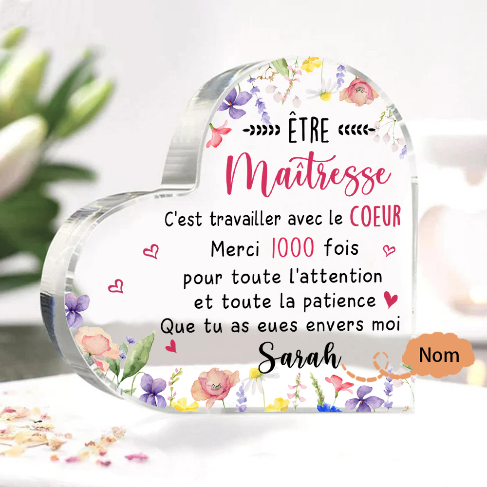 Cadeau pour Maîtresse – Plaque acrylique cœur personnalisée avec 1 prénom, cadeau de remerciement | Jessemade