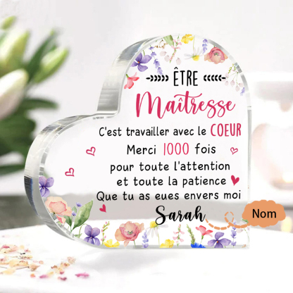 Cadeau pour Maîtresse – Plaque acrylique cœur personnalisée avec 1 prénom, cadeau de remerciement | Jessemade