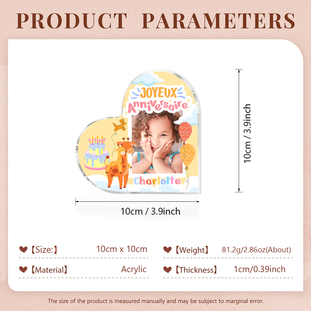 Plaque Acrylique Enfant en Forme de Cœur 1 Prénom Personnalisé-Cadeau pour anniversaire