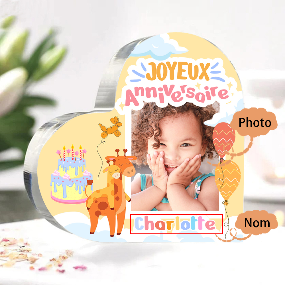 Plaque Acrylique Enfant en Forme de Cœur 1 Prénom Personnalisé-Cadeau pour anniversaire