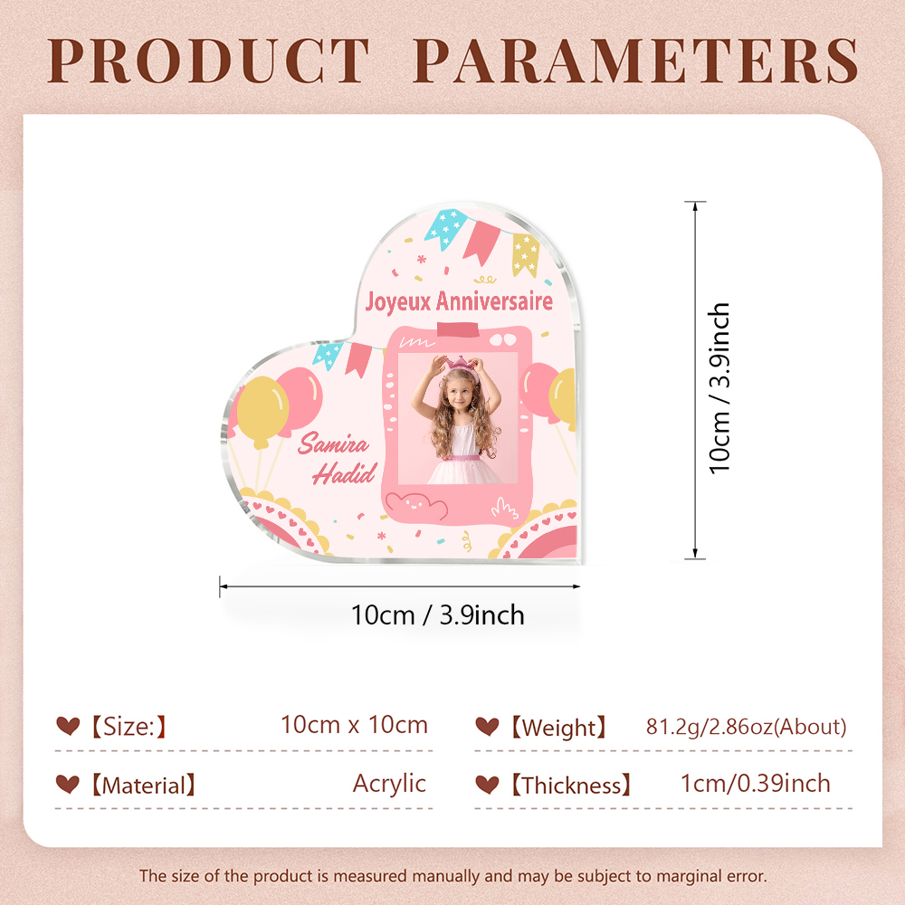 Plaque Acrylique Enfant en Forme de Cœur Prénom Photo Personnalisé-Cadeau pour anniversaire d'enfant