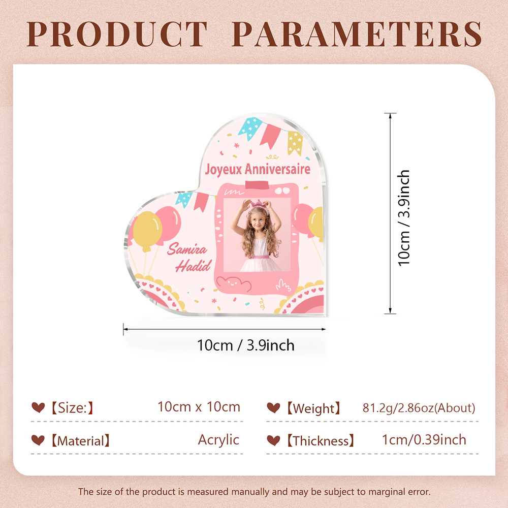 Plaque Acrylique Enfant en Forme de Cœur Prénom Photo Personnalisé-Cadeau pour anniversaire d'enfant