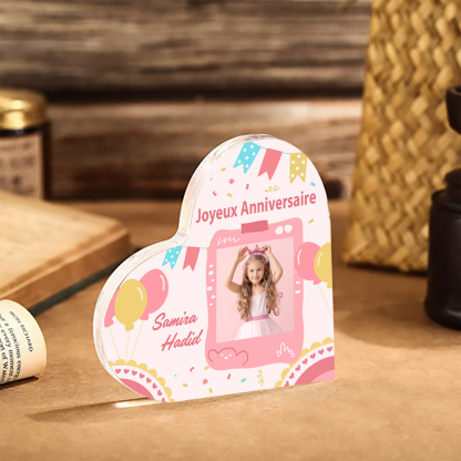 Plaque Acrylique Enfant en Forme de Cœur Prénom Photo Personnalisé-Cadeau pour anniversaire d'enfant