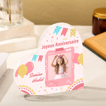 Plaque Acrylique Enfant en Forme de Cœur Prénom Photo Personnalisé-Cadeau pour anniversaire d'enfant