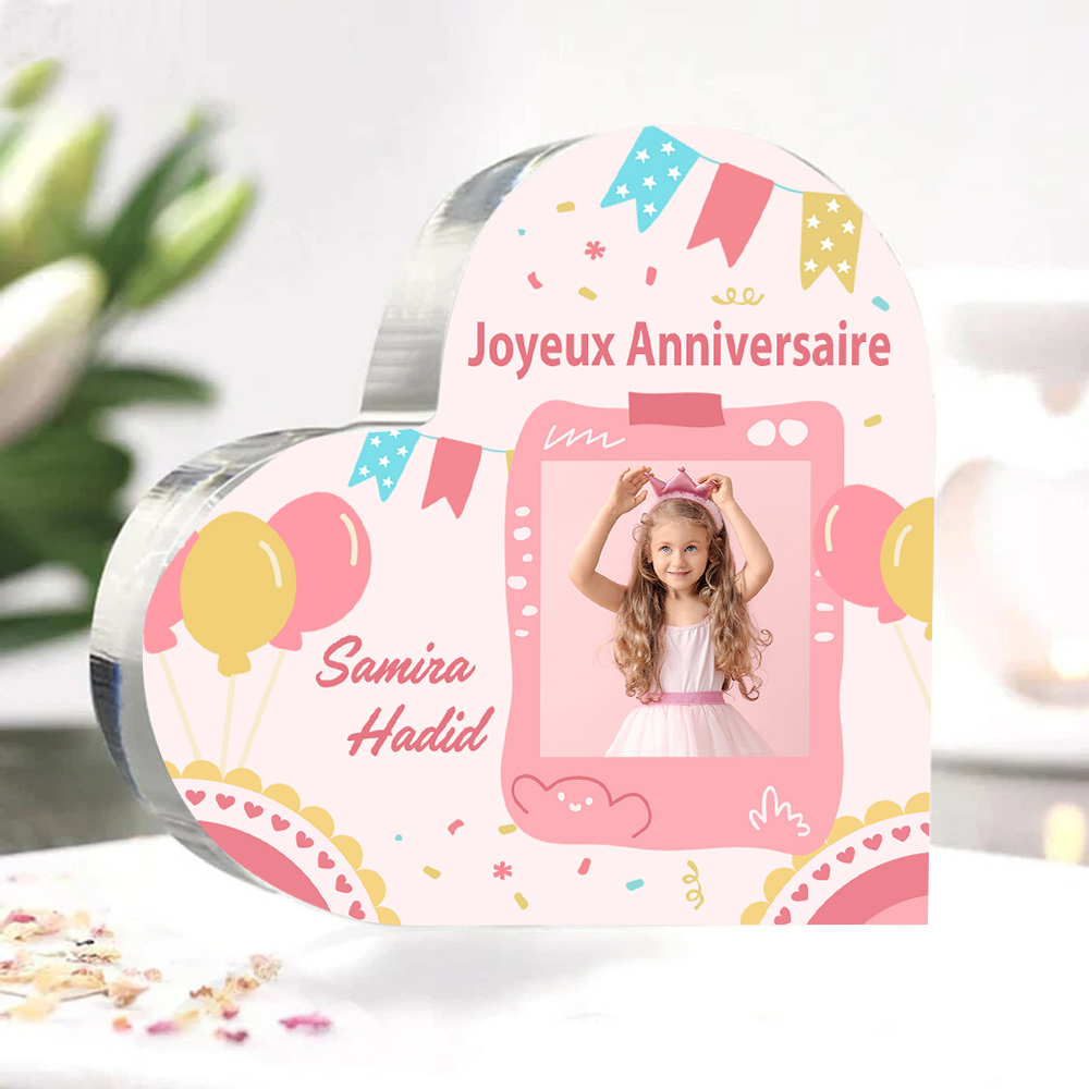 Plaque Acrylique Enfant en Forme de Cœur Prénom Photo Personnalisé-Cadeau pour anniversaire d'enfant