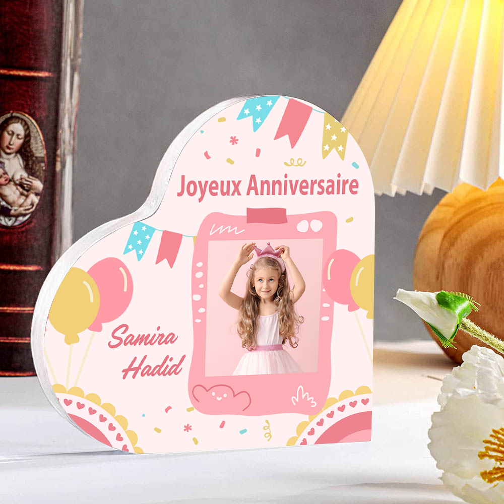 Plaque Acrylique Enfant en Forme de Cœur Prénom Photo Personnalisé-Cadeau pour anniversaire d'enfant