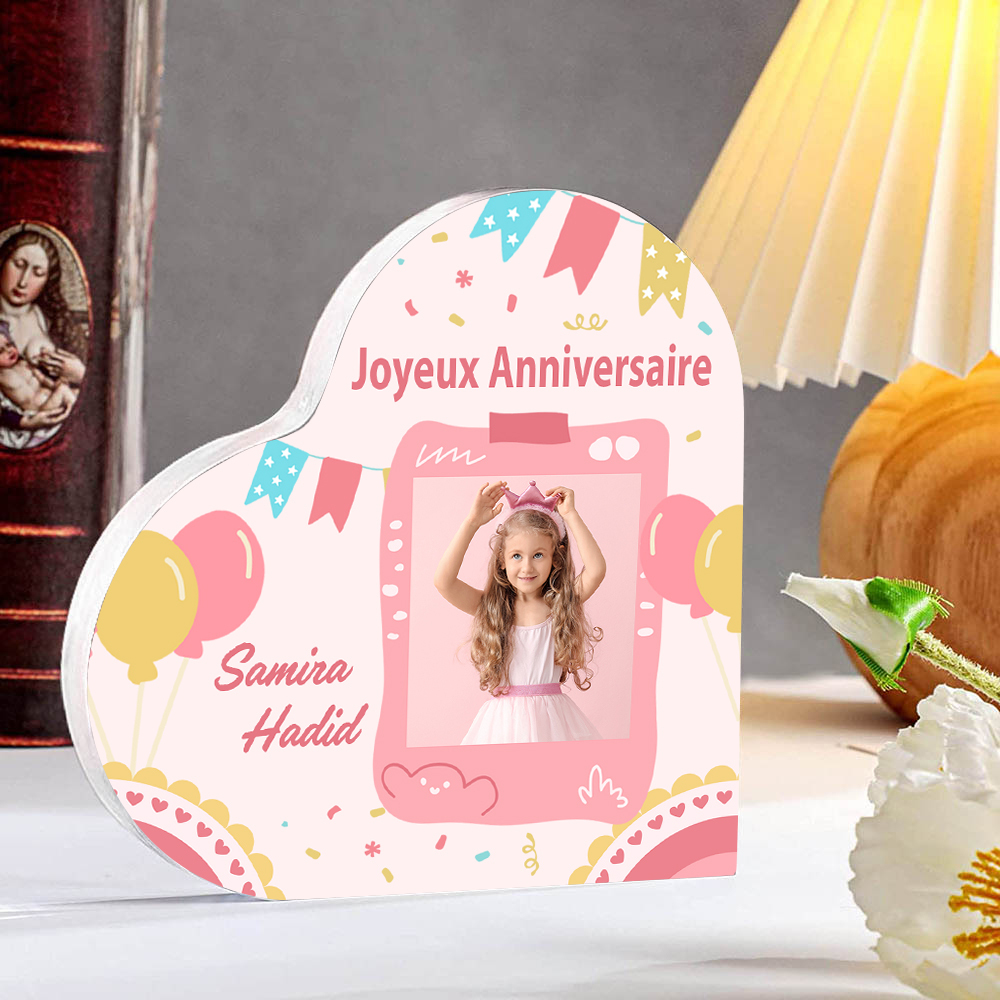 Plaque Acrylique Enfant en Forme de Cœur Prénom Photo Personnalisé-Cadeau pour anniversaire d'enfant