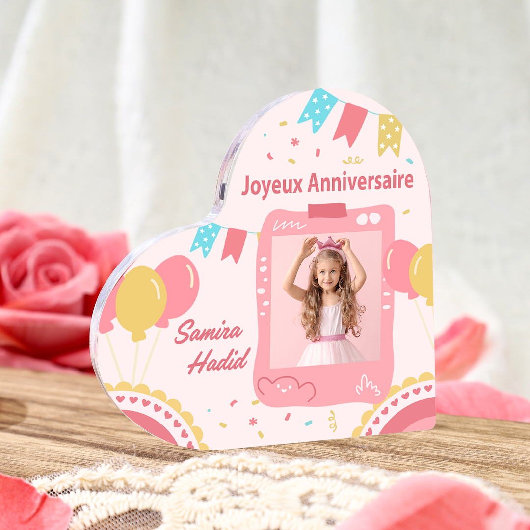 Plaque Acrylique Enfant en Forme de Cœur Prénom Photo Personnalisé-Cadeau pour anniversaire d'enfant
