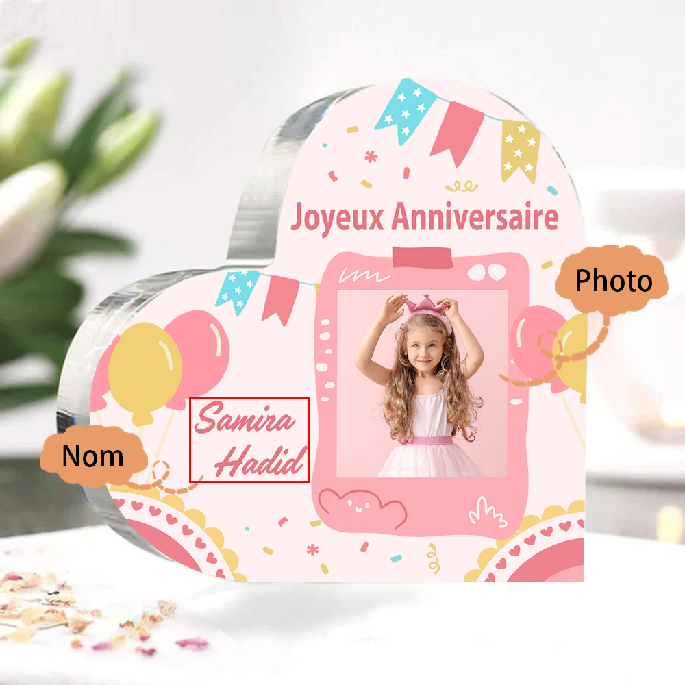 Plaque Acrylique Enfant en Forme de Cœur Prénom Photo Personnalisé-Cadeau pour anniversaire d'enfant