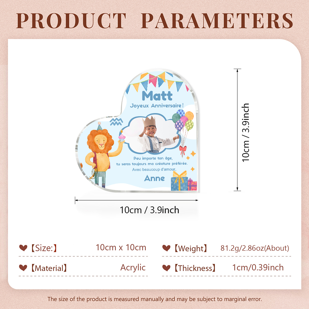 Plaque Acrylique Lion en Forme de Cœur 2 Prénoms et Photo Personnalisés-Cadeau pour anniversaire d'enfant