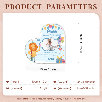 Plaque Acrylique Lion en Forme de Cœur 2 Prénoms et Photo Personnalisés-Cadeau pour anniversaire d'enfant