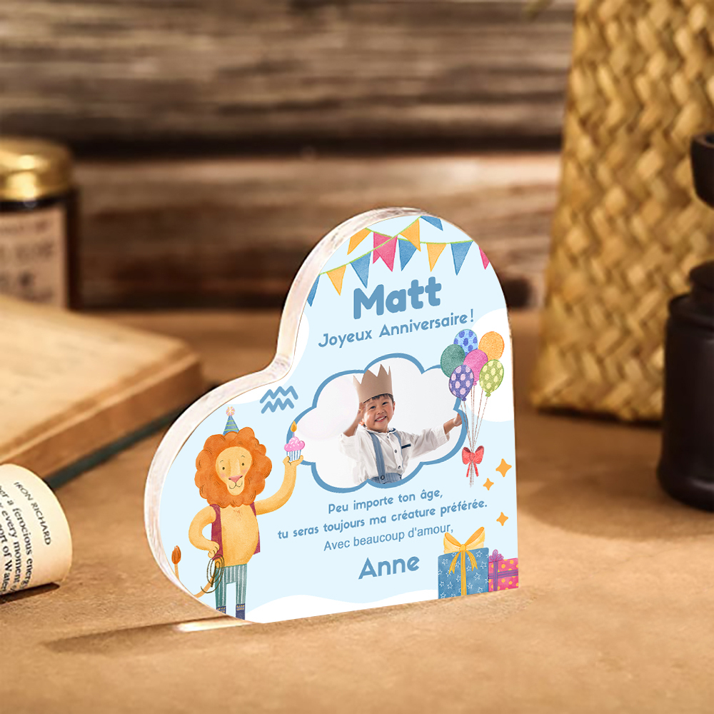 Plaque Acrylique Lion en Forme de Cœur 2 Prénoms et Photo Personnalisés-Cadeau pour anniversaire d'enfant