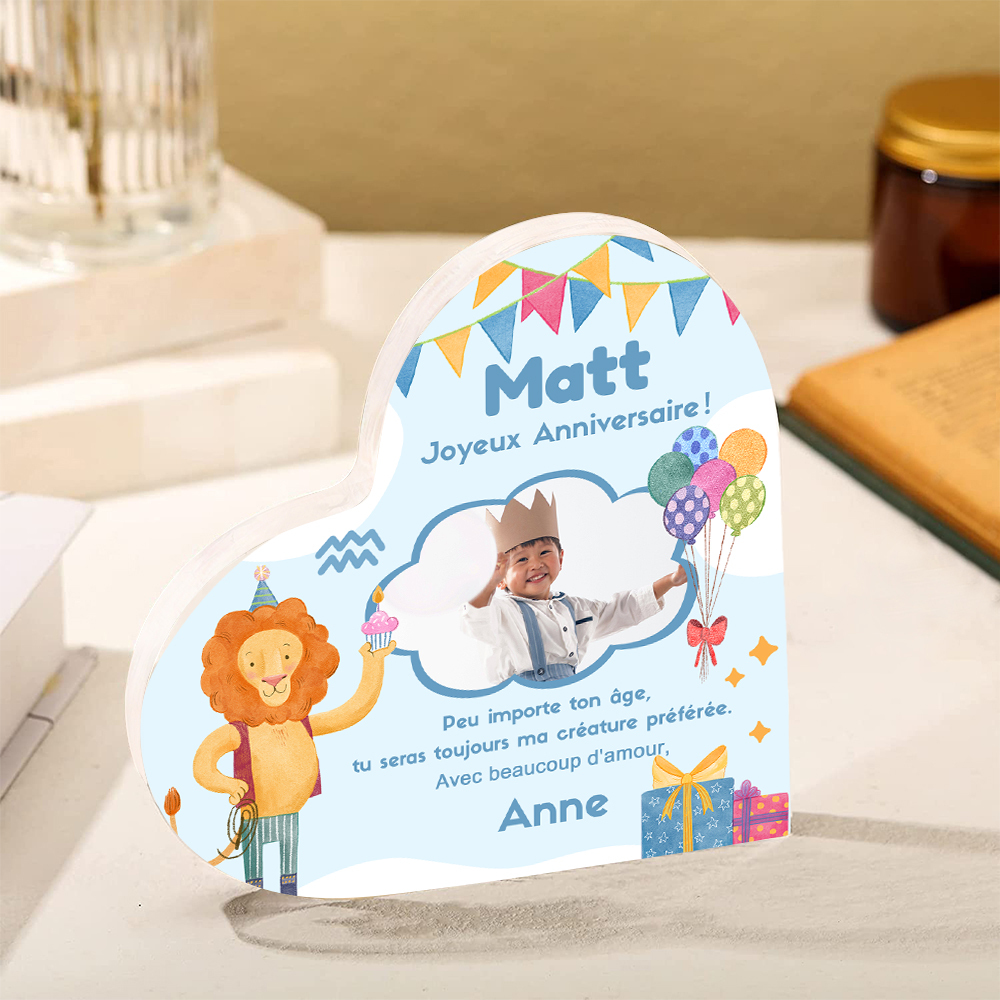 Plaque Acrylique Lion en Forme de Cœur 2 Prénoms et Photo Personnalisés-Cadeau pour anniversaire d'enfant