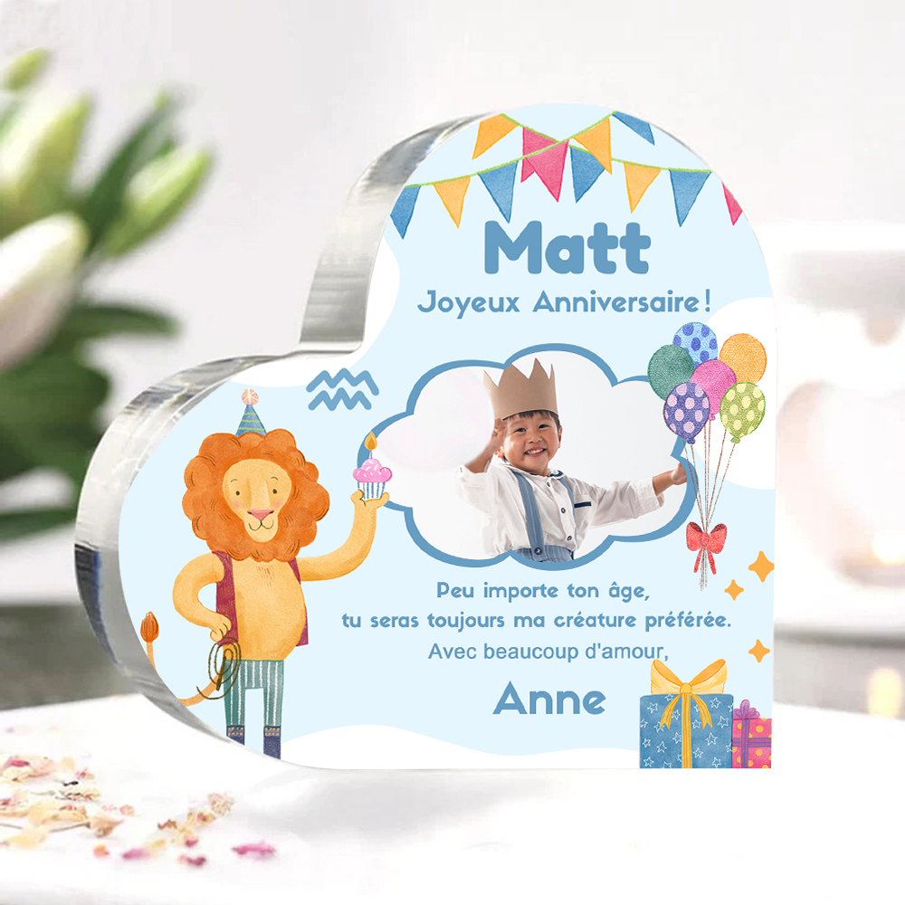 Plaque Acrylique Lion en Forme de Cœur 2 Prénoms et Photo Personnalisés-Cadeau pour anniversaire d'enfant