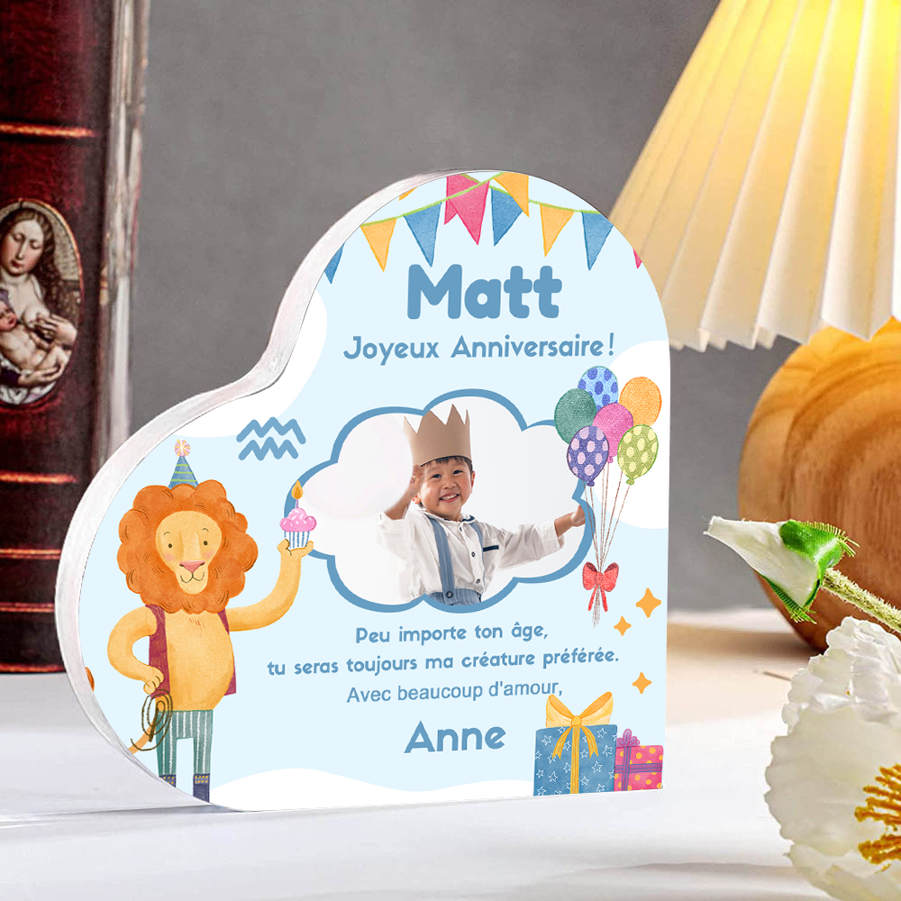 Plaque Acrylique Lion en Forme de Cœur 2 Prénoms et Photo Personnalisés-Cadeau pour anniversaire d'enfant