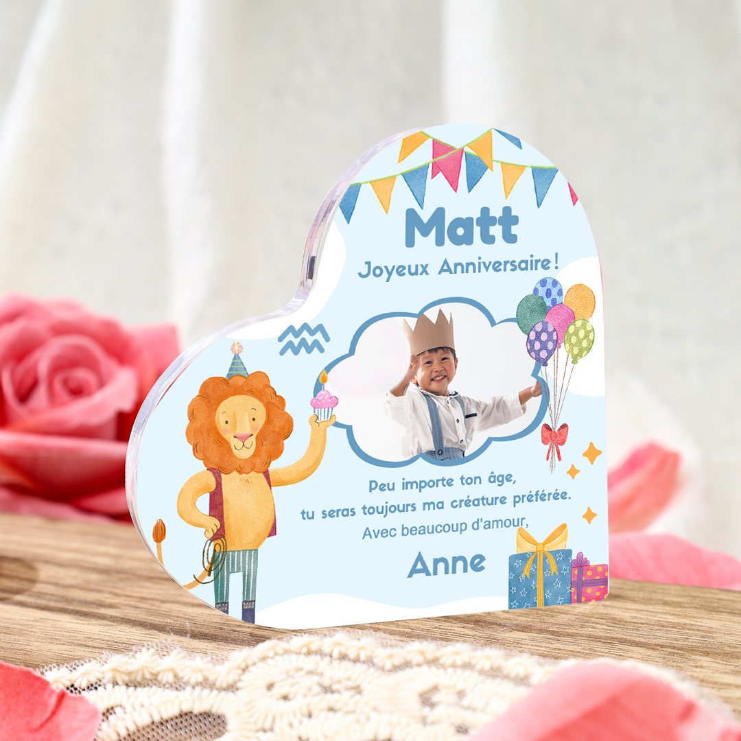 Plaque Acrylique Lion en Forme de Cœur 2 Prénoms et Photo Personnalisés-Cadeau pour anniversaire d'enfant