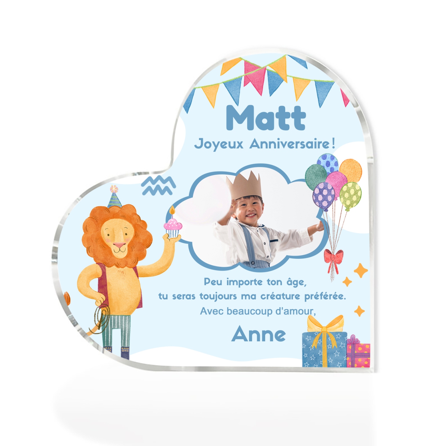 Plaque Acrylique Lion en Forme de Cœur 2 Prénoms et Photo Personnalisé