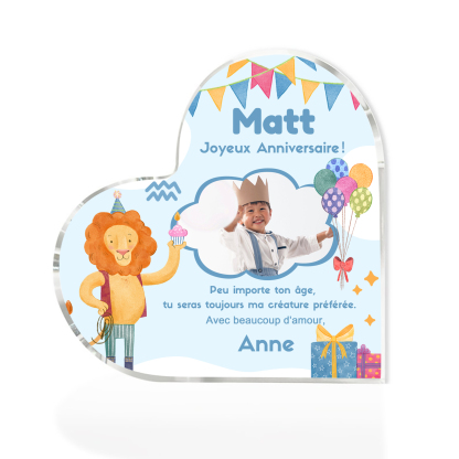 Plaque Acrylique Lion en Forme de Cœur 2 Prénoms et Photo Personnalisé