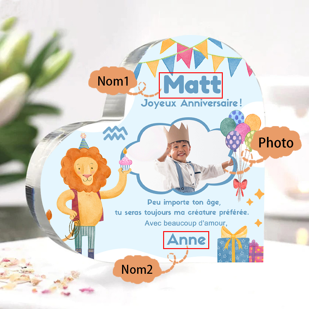 Plaque Acrylique Lion en Forme de Cœur 2 Prénoms et Photo Personnalisés-Cadeau pour anniversaire d'enfant