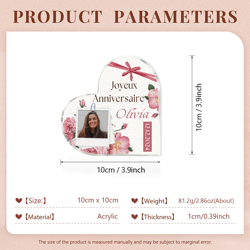 Plaque Acrylique nœud papillon en Forme de Cœur Prénom et Photo Personnalisés-Cadeau pour anniversaire