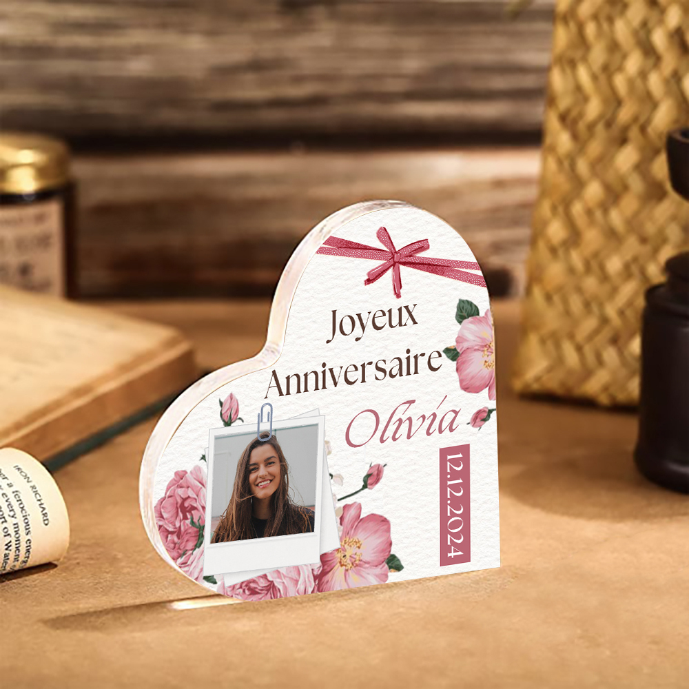 Plaque Acrylique nœud papillon en Forme de Cœur Prénom et Photo Personnalisés-Cadeau pour anniversaire