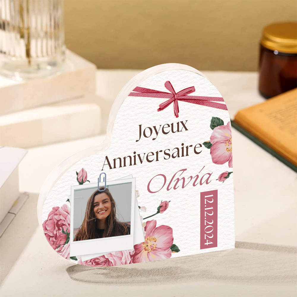 Plaque Acrylique nœud papillon en Forme de Cœur Prénom et Photo Personnalisés-Cadeau pour anniversaire