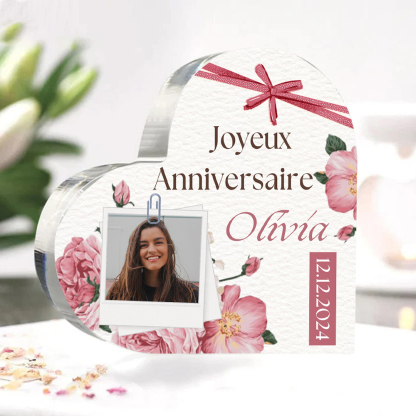 Plaque Acrylique nœud papillon en Forme de Cœur Prénom et Photo Personnalisés-Cadeau pour anniversaire