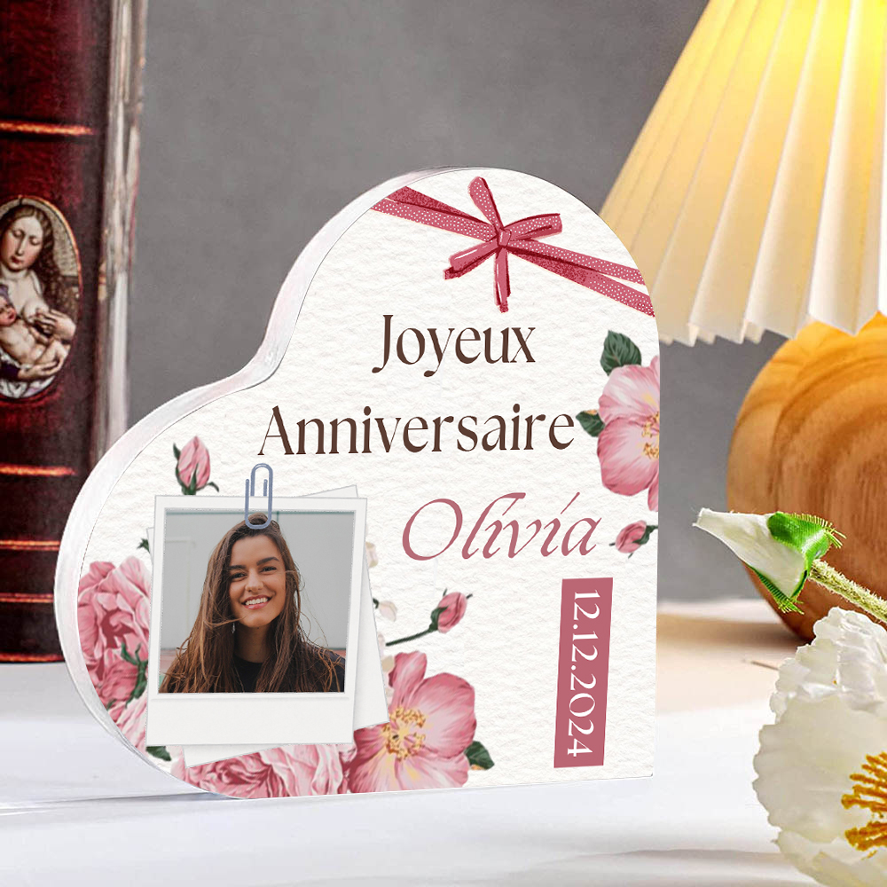 Plaque Acrylique nœud papillon en Forme de Cœur Prénom et Photo Personnalisés-Cadeau pour anniversaire