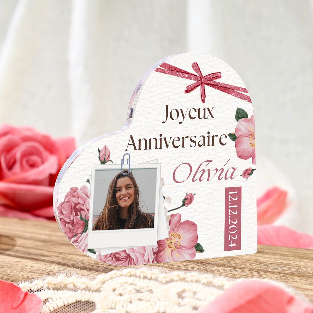 Plaque Acrylique nœud papillon en Forme de Cœur Prénom et Photo Personnalisés-Cadeau pour anniversaire