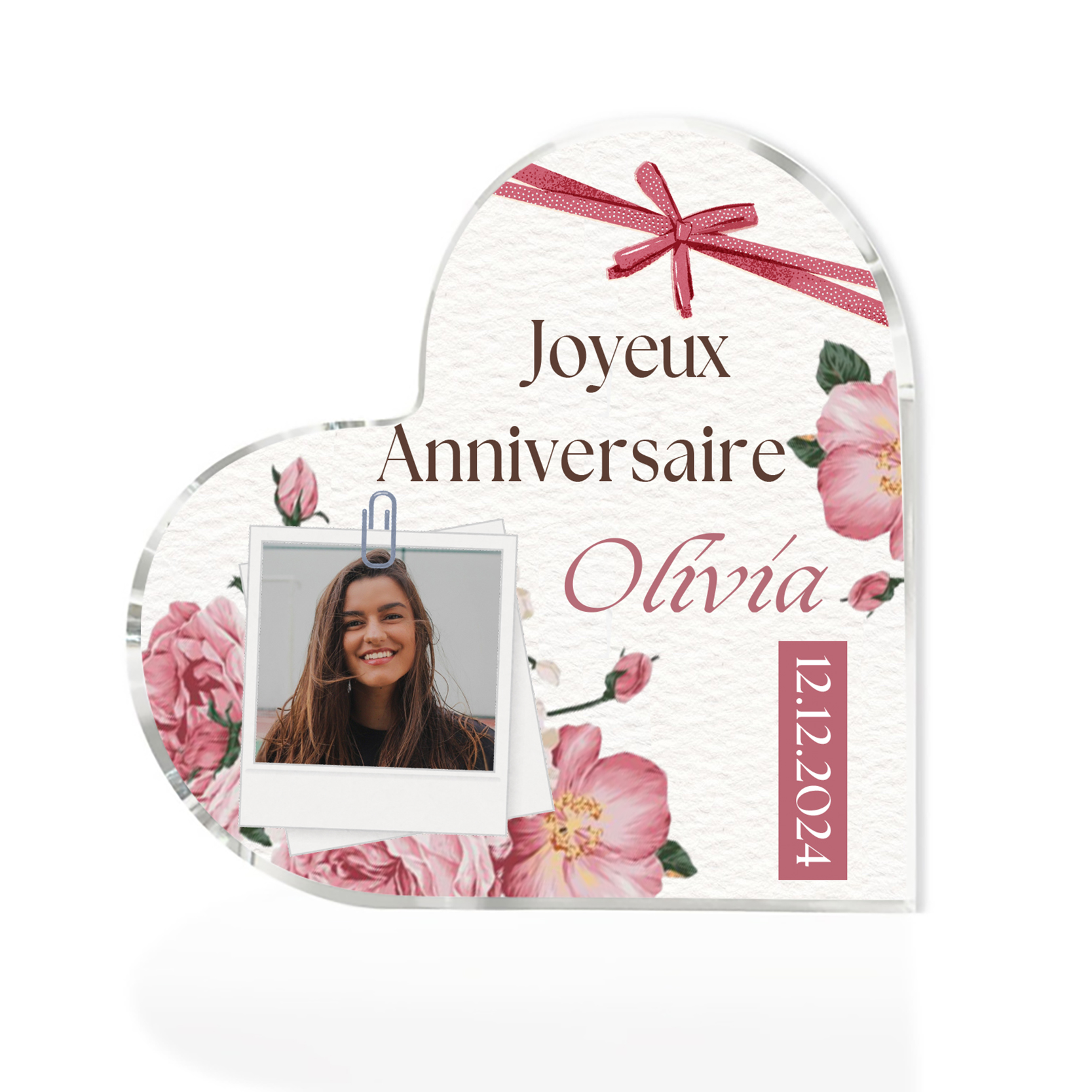 Plaque Acrylique nœud papillon en Forme de Cœur Prénom et Photo Person