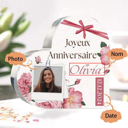 Plaque Acrylique nœud papillon en Forme de Cœur Prénom et Photo Personnalisés-Cadeau pour anniversaire