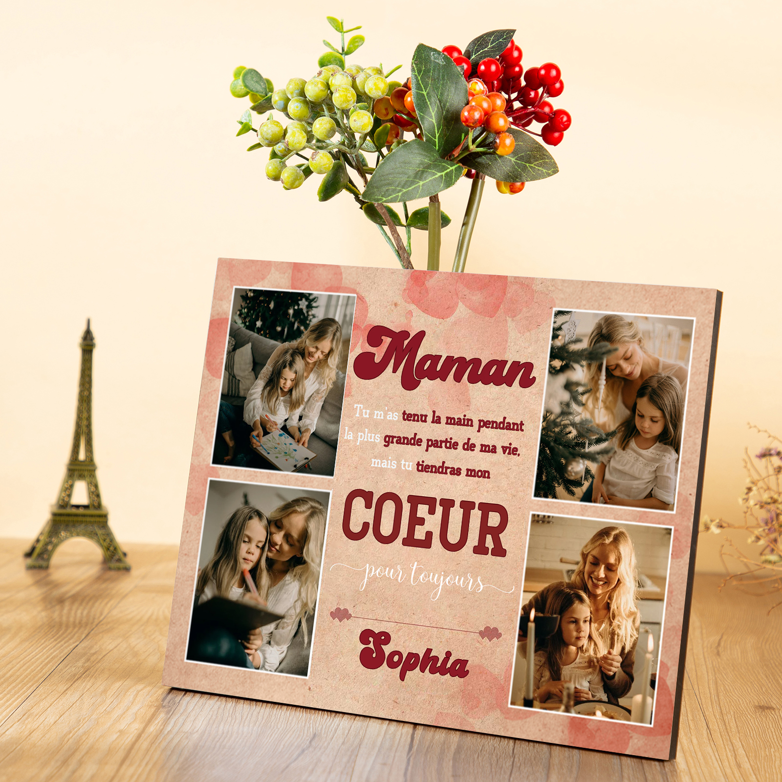 Cadre imprimé en bois 1 Prénom personnalisé avec 4 Photos - Cadeau pour maman-Anniversaire｜ Jessemade