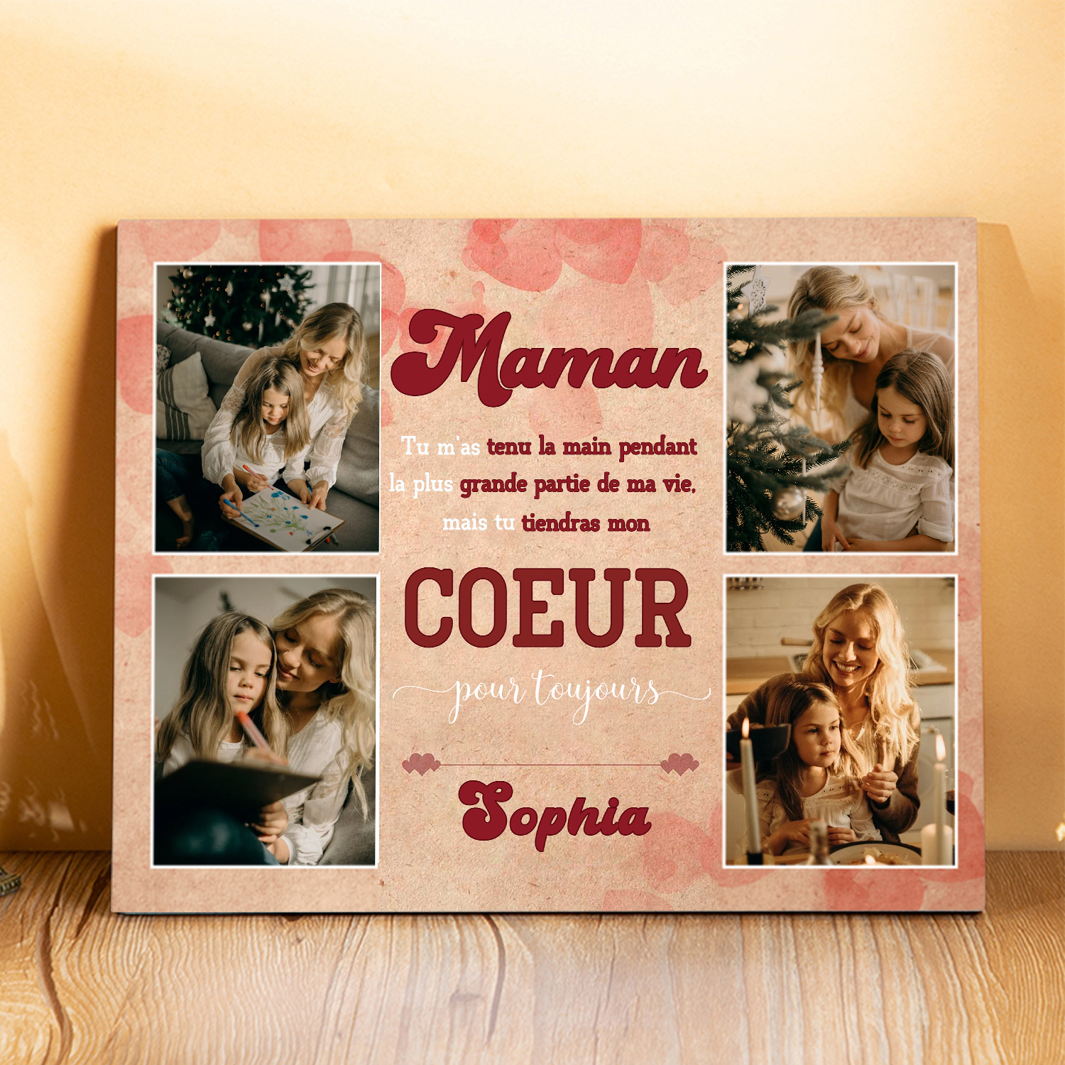 Cadre imprimé en bois 1 Prénom personnalisé avec 4 Photos - Cadeau pour maman-Anniversaire｜ Jessemade