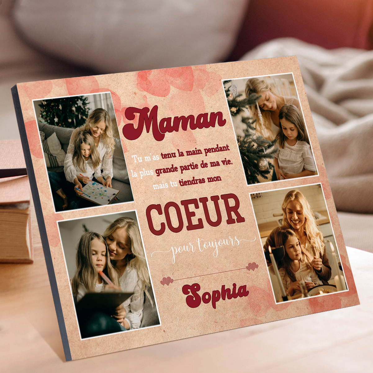 Cadre imprimé en bois 1 Prénom personnalisé avec 4 Photos - Cadeau pour maman-Anniversaire｜ Jessemade