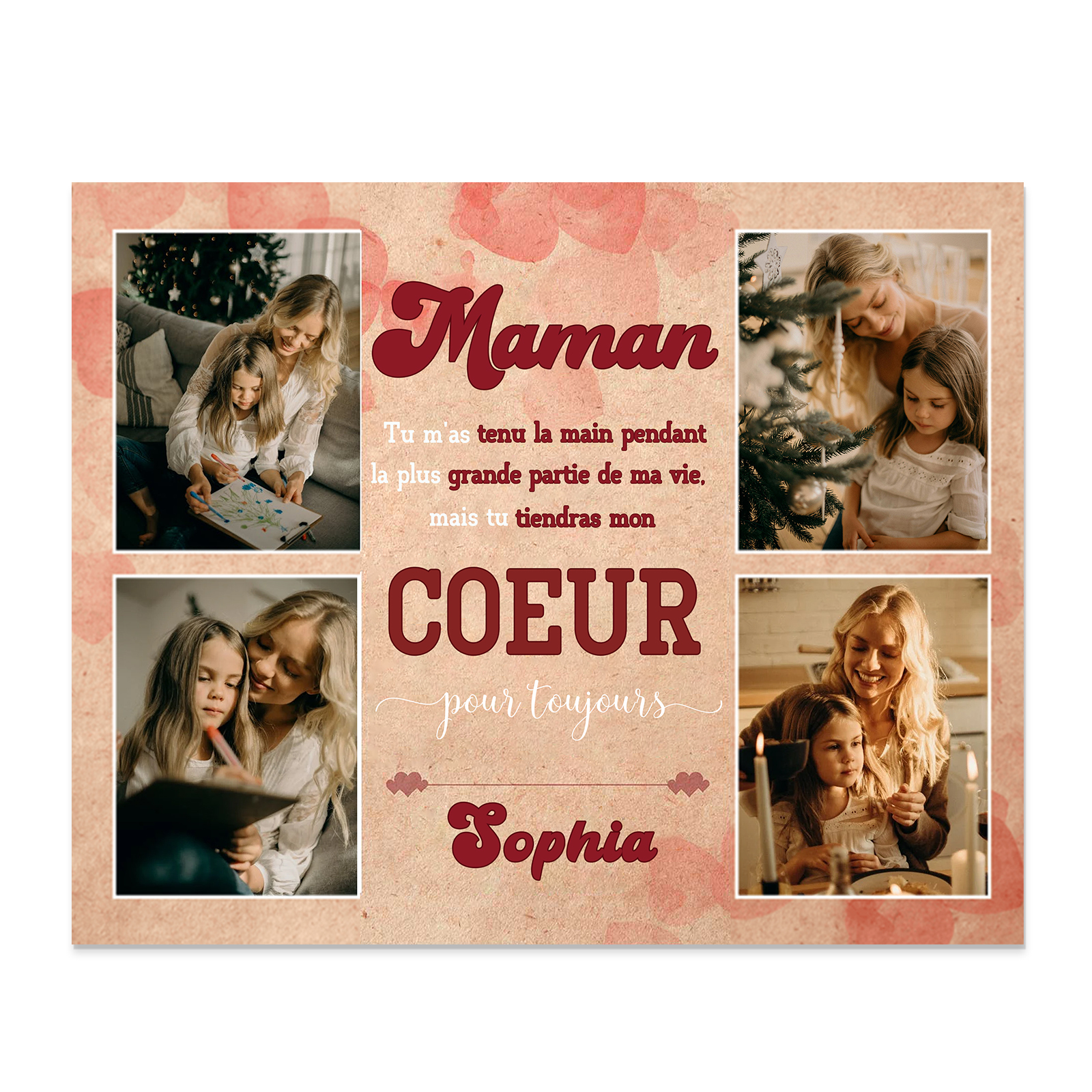 Cadre imprimé en bois 1 Prénom personnalisé avec 4 Photos - Cadeau pou