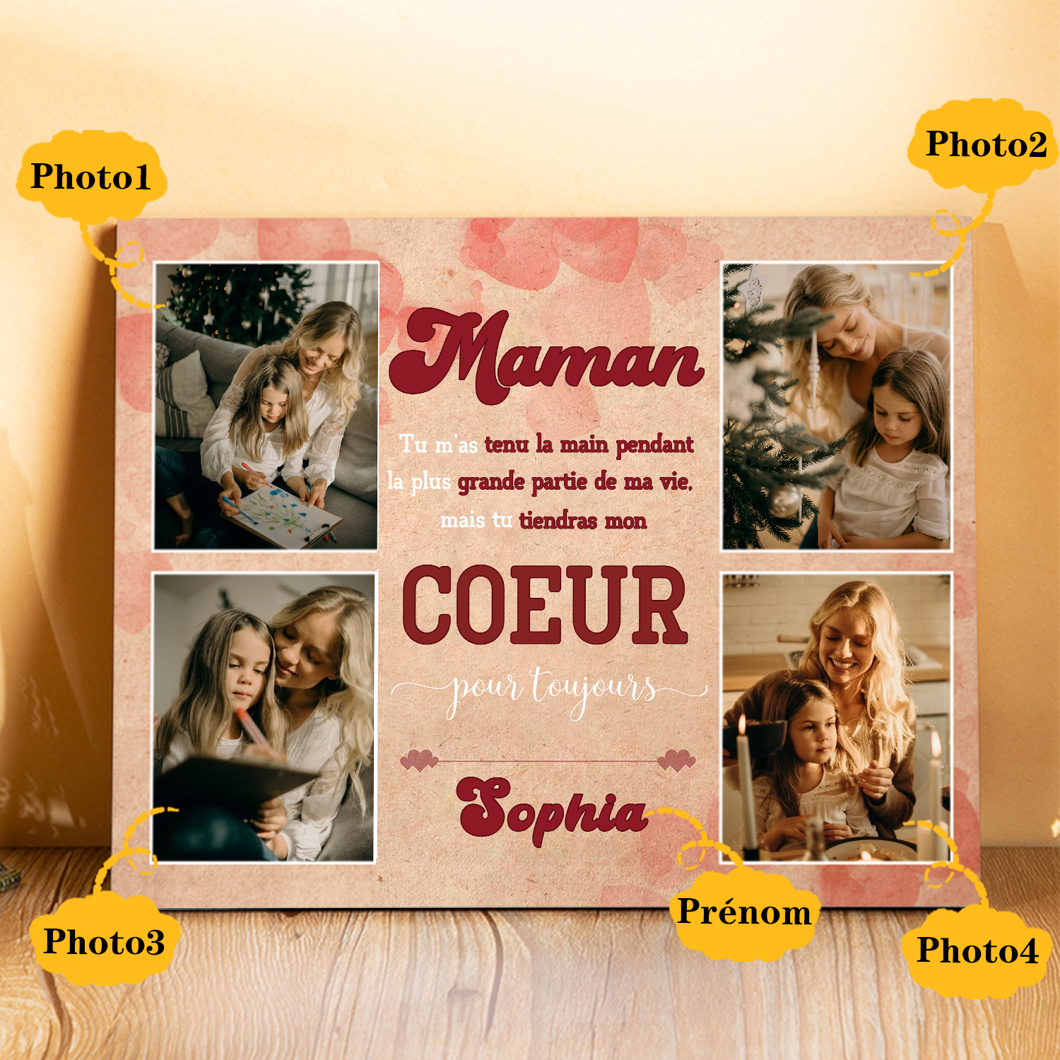 Cadre imprimé en bois 1 Prénom personnalisé avec 4 Photos - Cadeau pour maman-Anniversaire｜ Jessemade