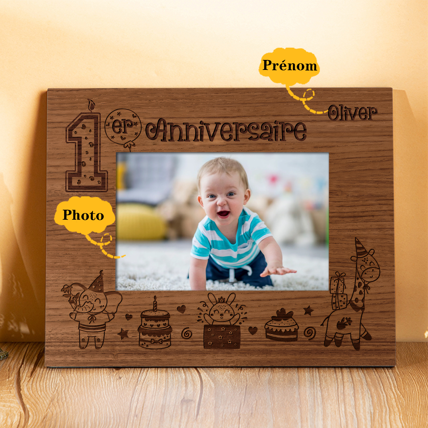 Cadre imprimé en bois 1 Prénom personnalisé avec Photo Cadeau 1er anniversaire pour nounou｜ Jessemade