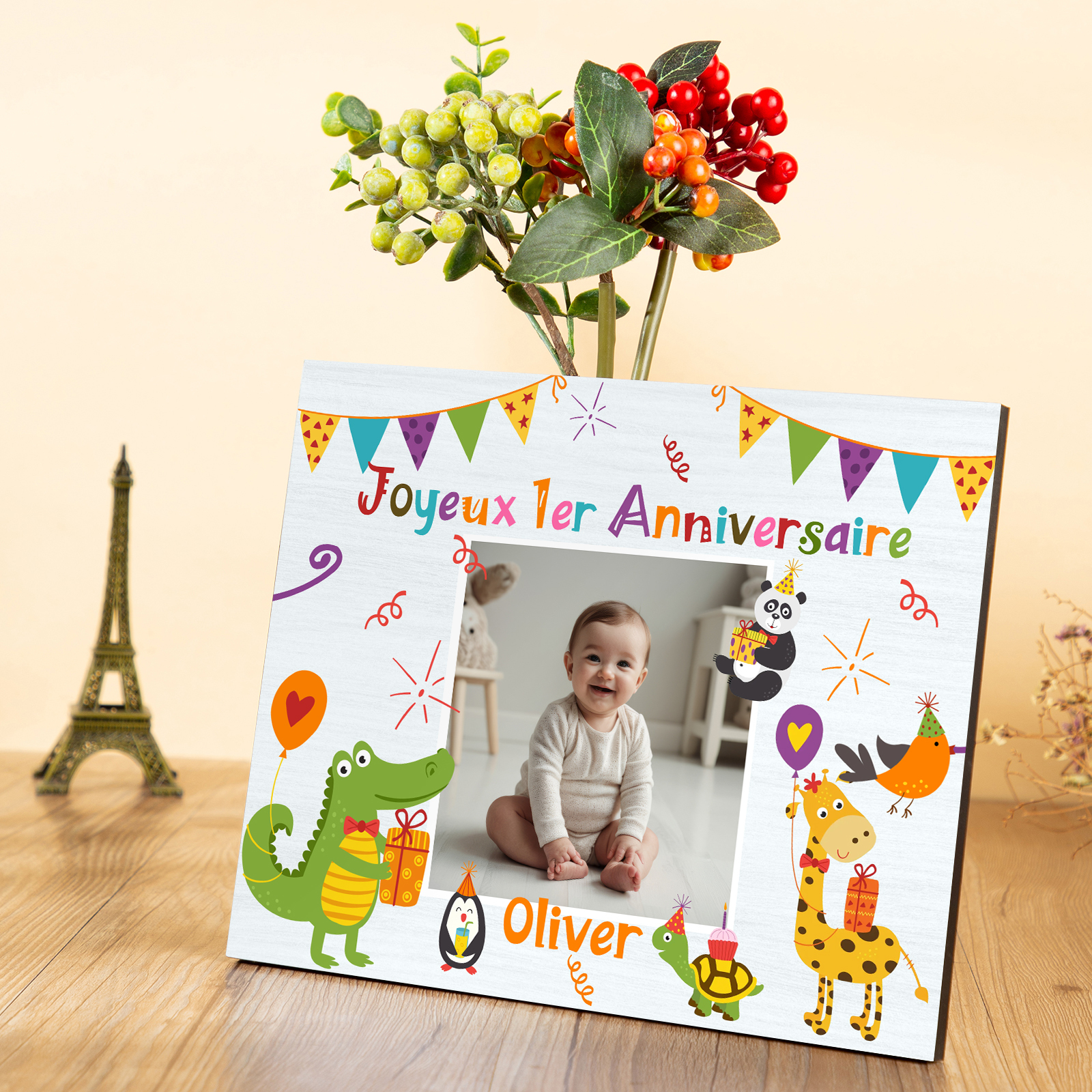 Cadre en bois imprimé personnalisé avec 1 prénom et photo Cadeau 1er anniversaire pour nounou｜ Jessemade