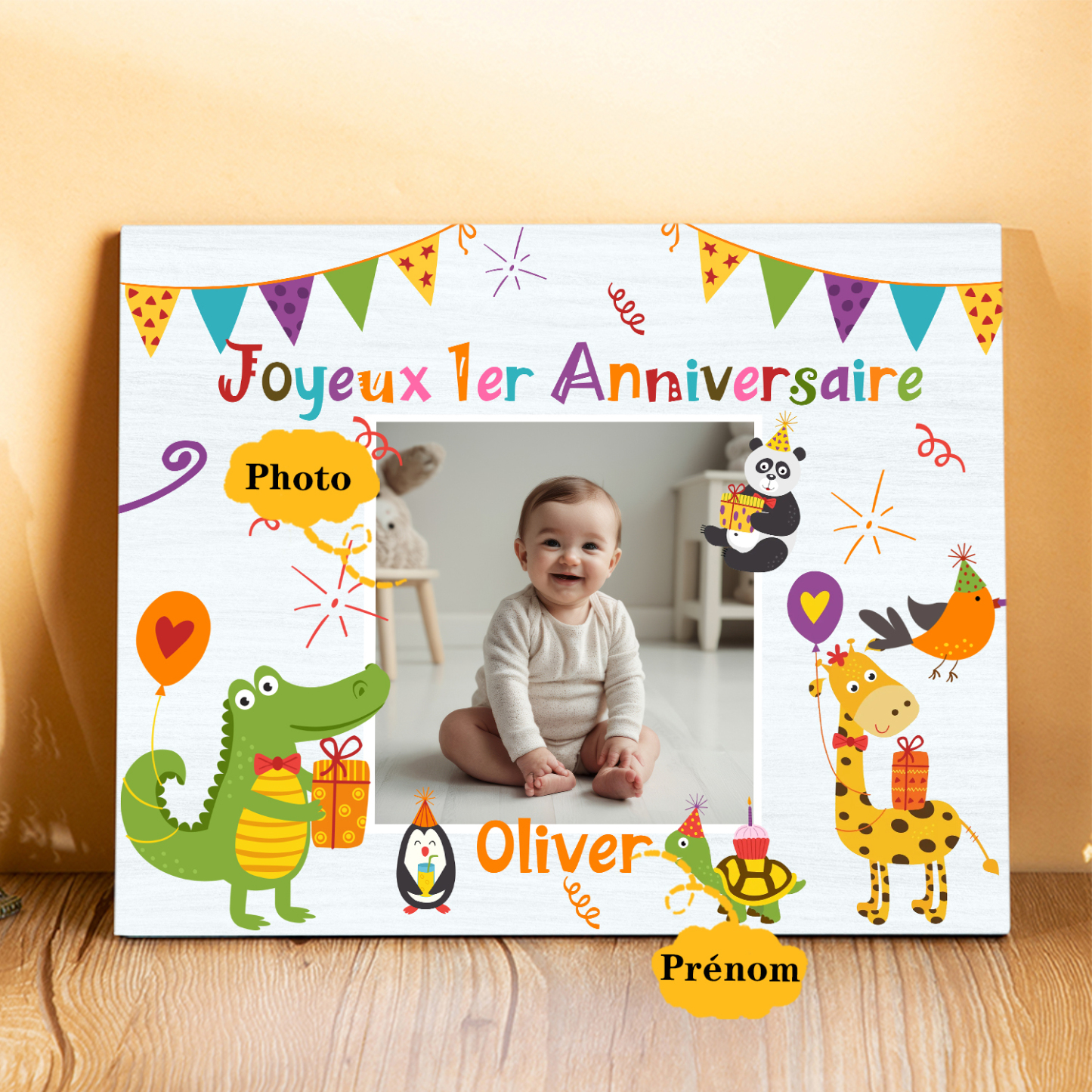 Cadre en bois imprimé personnalisé avec 1 prénom et photo Cadeau 1er anniversaire pour nounou｜ Jessemade