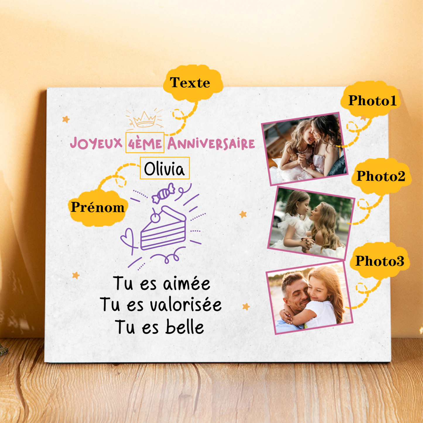 Cadre en bois imprimé personnalisé avec 1 prénom et photo Cadeau anniversaire pour enfant｜ Jessemade