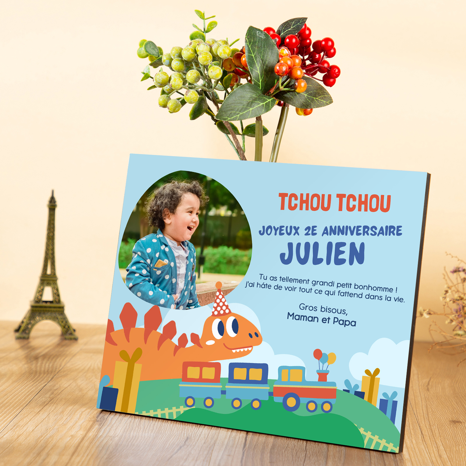 Cadre en bois imprimé 1 prénom personnalisé avec Texte et photo Cadeau 1er anniversaire pour enfant｜ Jessemade